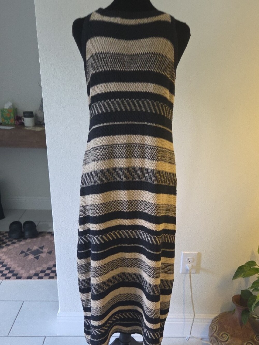 Ralph Lauren Black and Tan Striped Knit Midi Tank Dress - Picture 4 of 5